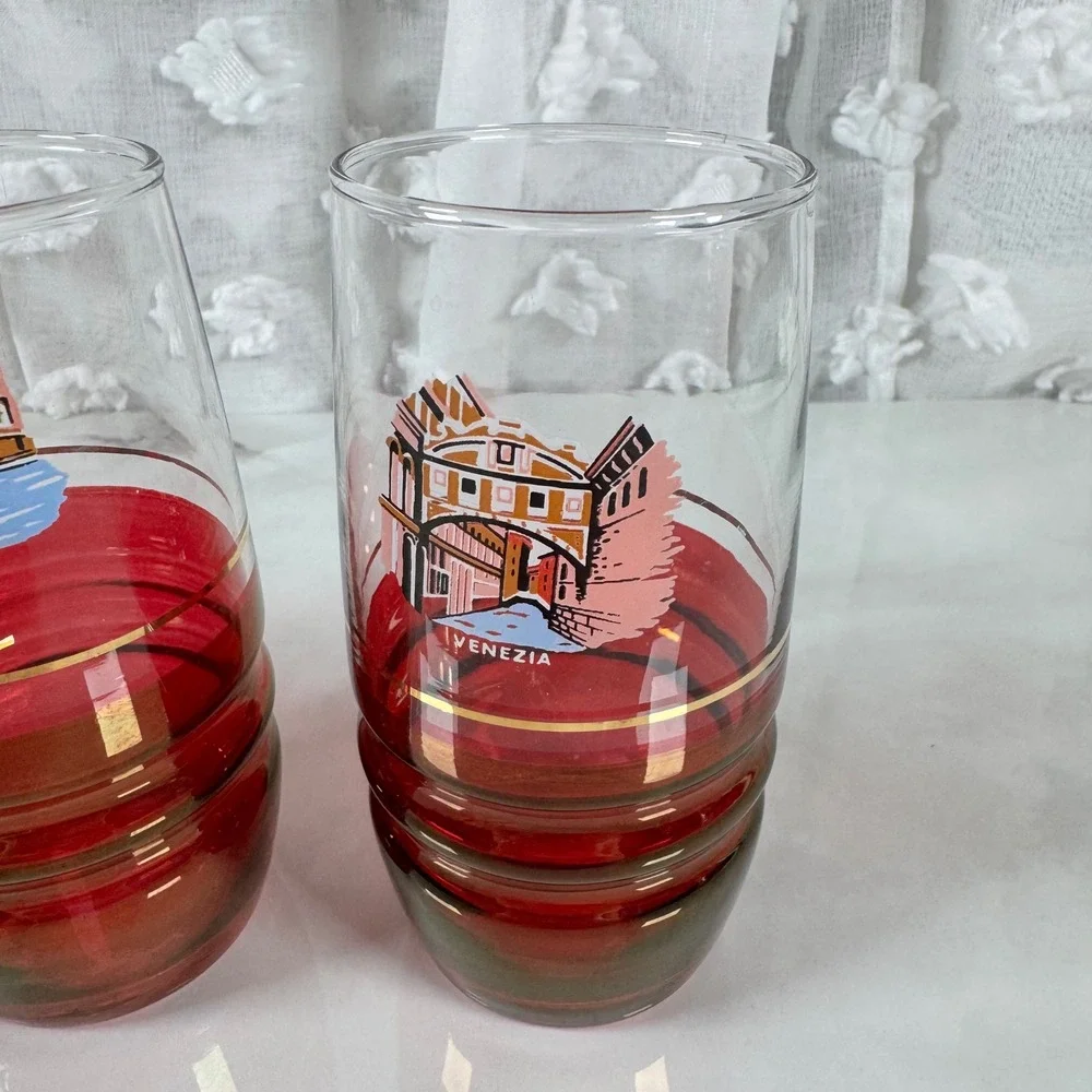 Set of 3 Venezia Souvenir Glasses‎ Venice Italy Tumblers Gold Band Red Flashing